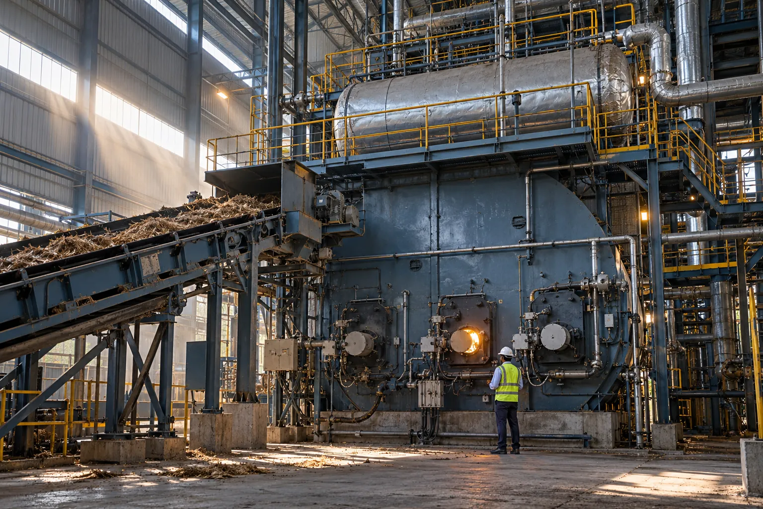 Industrial boiler with burner front and biomass fuel conveyor in a sugar mill boiler house