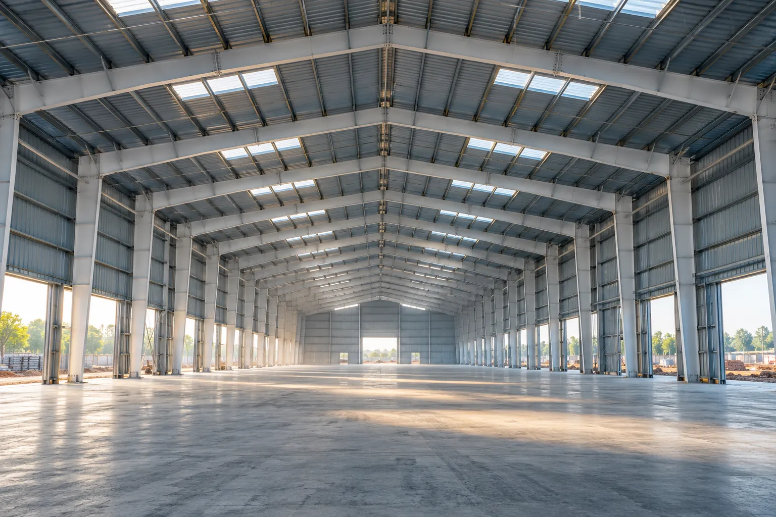 Interior of a pre-engineered steel warehouse with portal frames, purlins and skylights