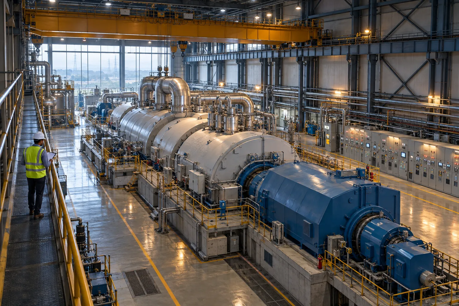 Steam turbine and generator in a power plant turbine hall seen from a raised walkway